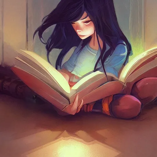 Image similar to a pixar girl reading a book, long hair flowing down, symmetrical, style of by Jordan Grimmer and greg rutkowski, crisp lines and color,