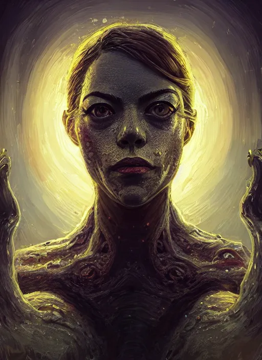 Image similar to lovecraft lovecraftian portrait of emma stone, cthulhu, hyper detailed, digital art, trending in artstation, cinematic lighting, studio quality, smooth render, unreal engine 5 rendered, octane rendered, art style by klimt and nixeu and ian sprigger and wlop and krenz cushart.