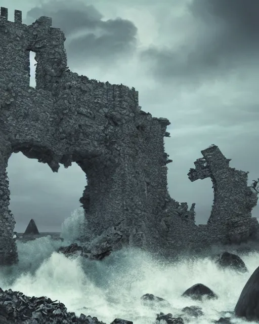 Image similar to the ruins of a castle on an island, taken back by nature. dark stormy sea. intricate artwork by tooth wu and wlop and beeple. octane render, hyper realism, 8 k