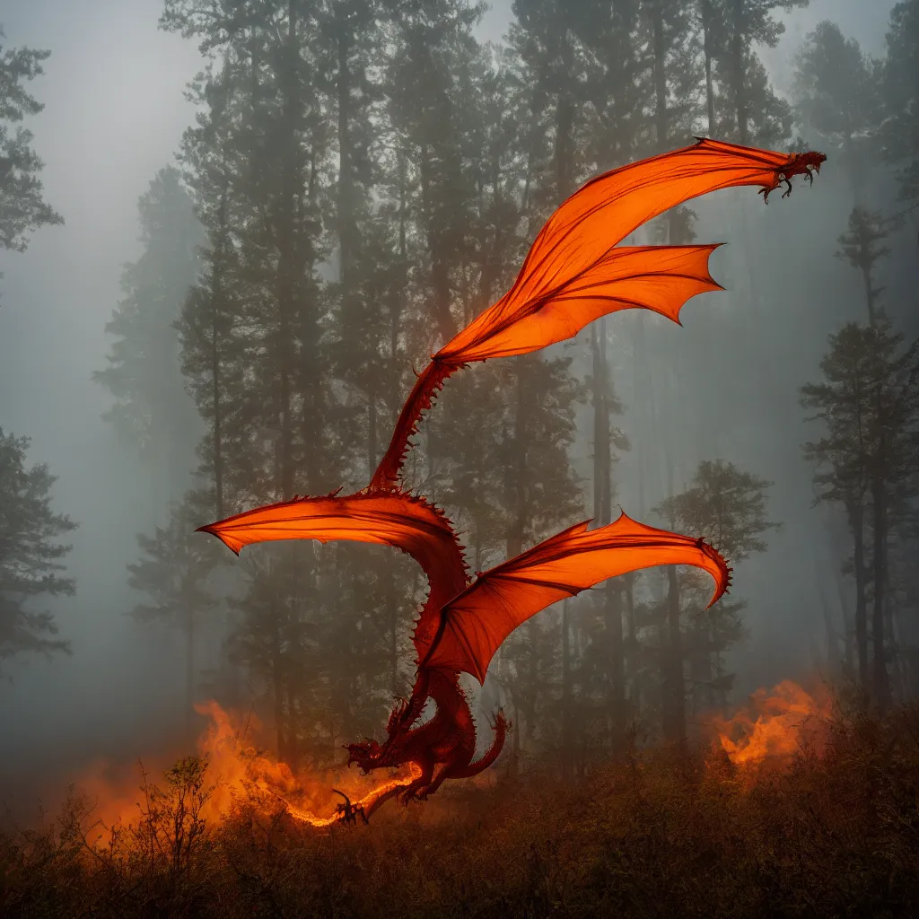 Image similar to fire breathing dragon flying over foggy old forest near small pond, very detailed, 4 k, professional photography