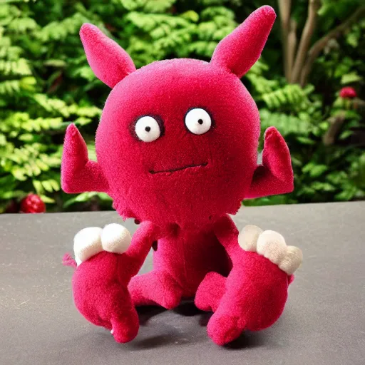 Image similar to adorable strawberry creature with multiple eyes plush toy