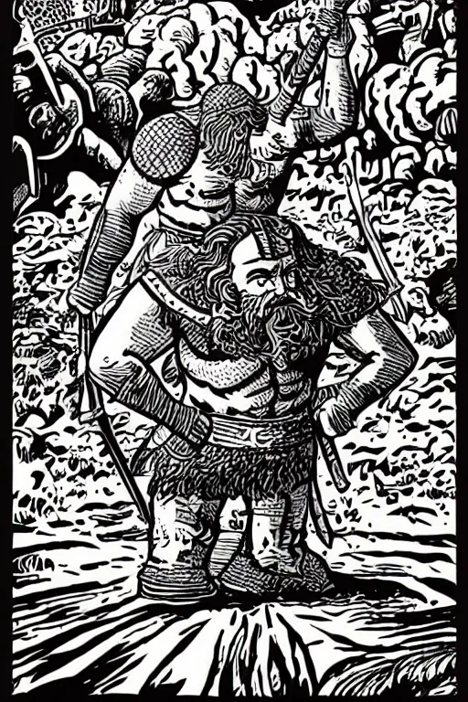 Image similar to ancient historically accurate depiction of the Bible Character Goliath of Gath, the Philistine warrior giant by mcbess