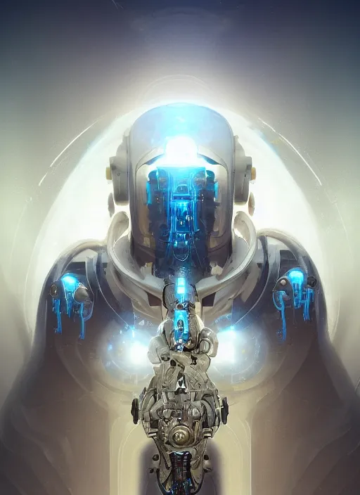 Image similar to benevolent cyborg necromancer, scifi, futuristic, helpful, kind, intelligent, alien room background, white, blue, gold, highly detailed, trending on artstation, soft light, holy machine, advanced technology, art by vitaly bulgarov and nivanh chanthara