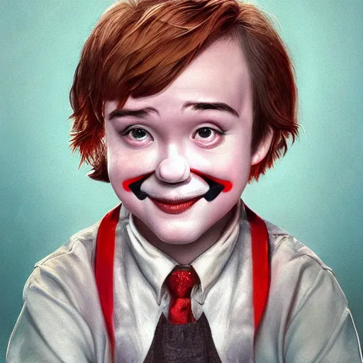 Prompt: Young Haley Joel Osment from the movie AI as cute clown, by Stanley Artgerm Lau, WLOP, Rossdraws, James Jean, Andrei Riabovitchev, Marc Simonetti, Yoshitaka Amano, ArtStation, CGSociety,