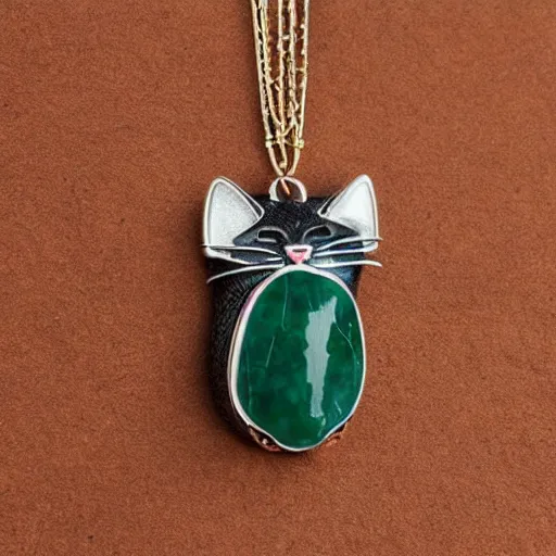 Image similar to solidity and eternity embroidered tabby cat necklace with jade stone, hyper realistic