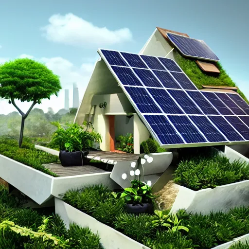 Image similar to solarpunk home, made from pearl material. Plants growing on the roof, solar panels, 4k, realistic, art station