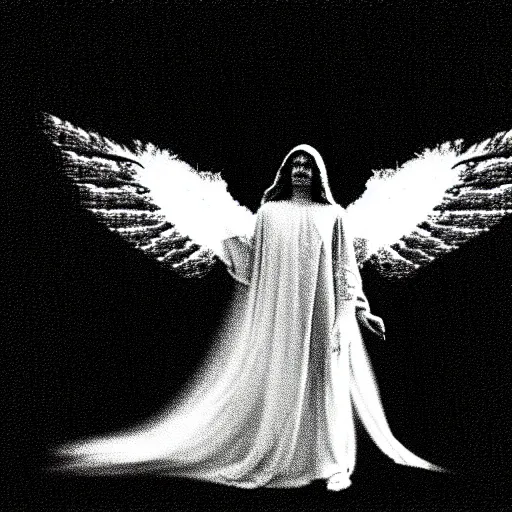 Image similar to vhs static overlay of angel apparition, vhs, 1 9 9 0, beautiful, highly realistic, highly detailed, vhs noise static, black and white, vhs glitch