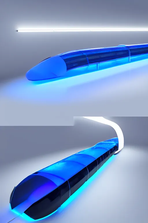 Prompt: transparent long clear dark blue plastic hyperloop by zaha hadid glowing led trim blender with ray tracing glowing in the dark