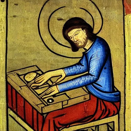 Prompt: Medieval painting of a man creating sick beats on his computer