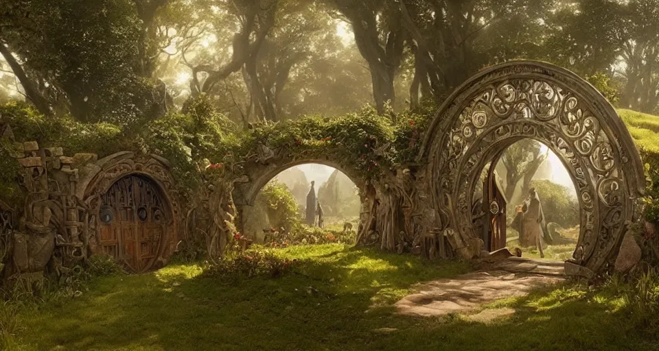 Prompt: the shire, hobbiton, lord of the rings, hobbit circle doors, intricate, elegant, highly detailed, greg rutkowski, dishonored 2 john park, frazetta, john howe, ruan jia, jeffrey catherine jones