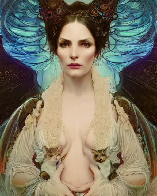 Image similar to wlop and alfons mucha detailed portrait digital rococo painting of a beautiful serious cat wearing fantasy clothing like liliana vess, villainess has black angel wings, evil mood, hellish battlefield in the background, unreal engine, embers flying, hyper realism, realistic shading, cinematic composition, blender render, octane render, ultrawide shot