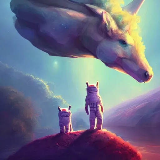 Prompt: Astronauts are riding some mythical animals, they are resting to the side of a reflecting lake, the surface of a planet has a wacky wildlife, some planets and nebulas are as background, by Jordan Grimmer digital art, trending on Artstation,