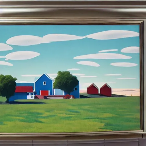 Image similar to dreaming futuristic rural landscape with modern houses, painted by Alex Katz and Edward Hopper, airbrush, highly detailed