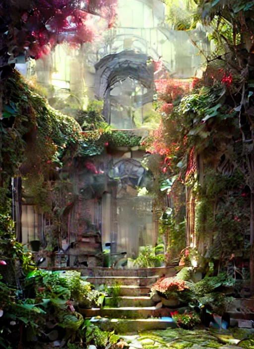 Prompt: secret garden, realistic, ornamental, art by Artgerm and Greg Rutkowski and WLOP