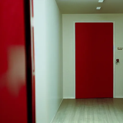 Image similar to willem dafoe silently entering a red bedroom