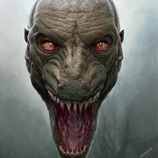 Prompt: vladimir putin, anthropomorphic bald prehistoric reptile, putin chimera, toothless, horror, macabre by donato giancola and greg rutkowski and wayne barlow and zdzisław beksinski, realistic face, digital art