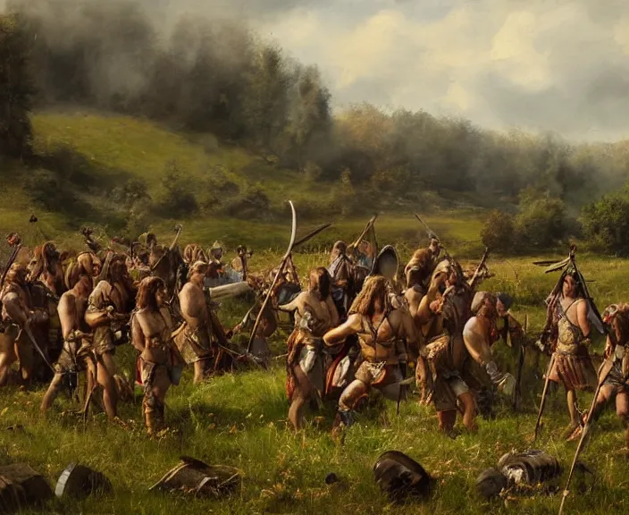 Prompt: a peaceful encampment of barbarian men in an irish meadow, art by denys tsiperko and bogdan rezunenko, hyperrealism