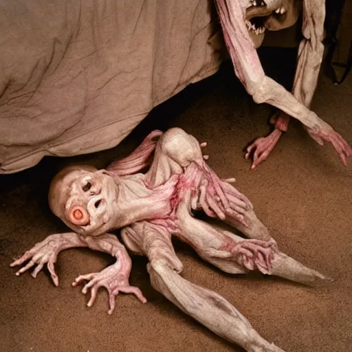 Prompt: deeply disturbing imagery of a living monster. unsettling photography now released by the us government press release. viewer discrention required. adult supervision historic horrific photography. undescribable barely human form, ghoulish guts and limbs stretching, disfigured figure masterpiece. eyes wide but empty. national geographic photo of underneath my bed. my bottomless pit underbed hellspawn.