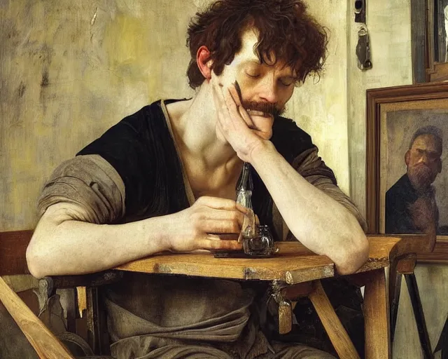 Image similar to an exhausted painter in his studio with a whiskey bottle by edgar maxence and caravaggio, intricate painting, hyper realistic, extremely detailed and beautiful aesthetic face, 8 k resolution