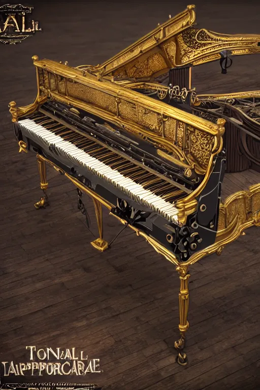 Image similar to Tonemapped Steampunk harpsichord, Artstation, Unreal Engine, photorealistic