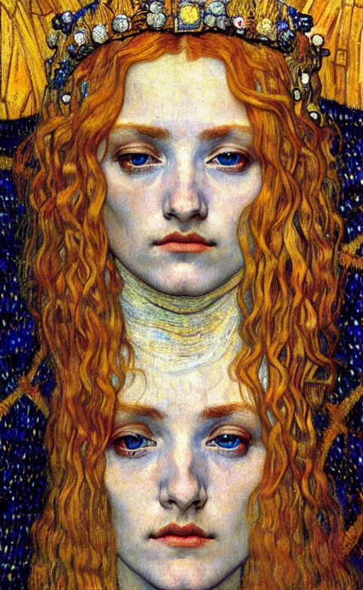 Image similar to detailed realistic beautiful young medieval queen face portrait by jean delville, gustav klimt and vincent van gogh, art nouveau, symbolist, visionary, gothic, pre - raphaelite, muted earthy colors, desaturated