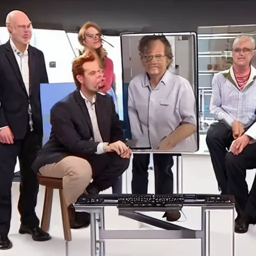 Prompt: group of scientists announce the world's first super - intelligent machine on live tv, photograph, year 2 0 3 6.