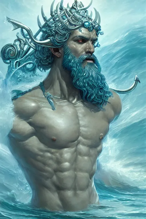 Image similar to poseidon humanoid god of the sea, trident, highly detailed, d & d, fantasy, highly detailed, digital painting, trending on artstation, concept art, sharp focus, illustration, art by artgerm and greg rutkowski and magali villeneuve