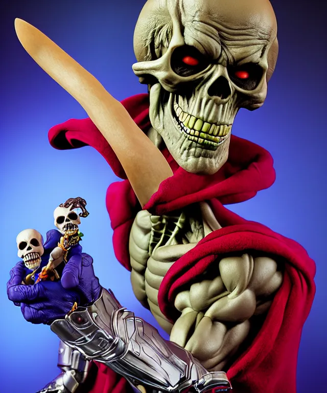 Image similar to hyperrealistic rendering, skeletor, by art of skinner and richard corben and jeff easley, product photography, action figure, sofubi, studio lighting, colored gels