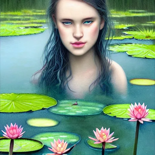 Prompt: light teal portrait in the rain on pond with waterlilies, fantasy, intricate, elegant, dramatic lighting, emotionally evoking symbolic metaphor, highly detailed, lifelike, photorealistic, digital painting, artstation, concept art, smooth, sharp focus, illustration, art by John Collier and Albert Aublet and Krenz Cushart and Artem Demura and Alphonse Mucha