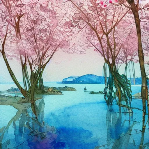 Image similar to a beautiful and inspiring intricate watercolor illustration of a beach landscape view, pink sakura trees growing by the beach, 4 k, ultra - wide angle, by william turner, by victo ngai, by alphonse mucha, by miho hirano, hd, trending on artstation, hyper detailed, muted colors, inspiring, beautiful, paradisiac