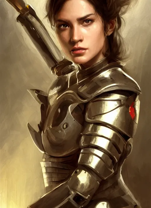 Image similar to a professional painting of a beautiful young female, clothed in military armor, olive skin, long dark hair, beautiful bone structure, symmetrical facial features, intricate, elegant, digital painting, concept art, smooth, sharp focus, illustration, from Knights of the Old Republic, by Ruan Jia and Mandy Jurgens and Artgerm and William-Adolphe Bouguerea