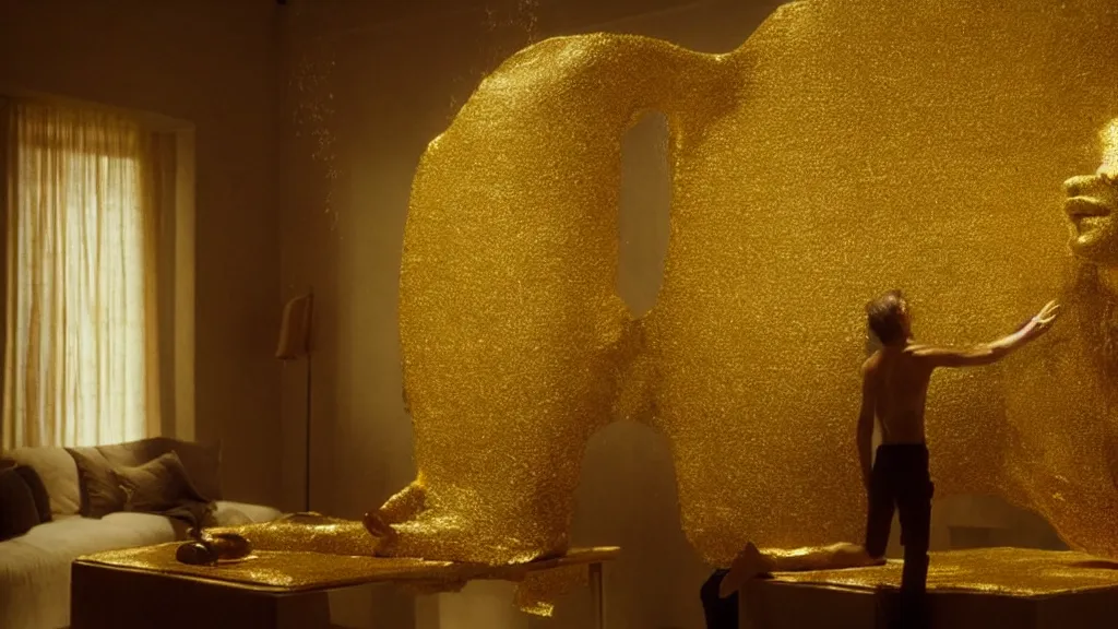 Image similar to a giant hand made of gold and water floats through the living room, film still from the movie directed by Denis Villeneuve with art direction by Salvador Dalí, wide lens