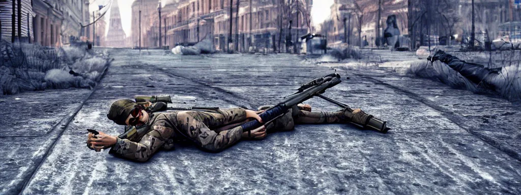 Prompt: beautiful female sniper, lying on the ground aiming with sniper rifle in the foreground, in cold frosty russia moscow street, like concept art on artstation, hyperdetailed, vray render, octane render,