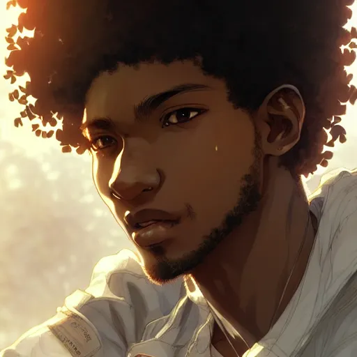 Image similar to Portrait of man with curly short hair and brown skin, atmospheric lighting, intricate detail, cgsociety, ambient light, dynamic lighting, anime style by Yusuke Kozaki