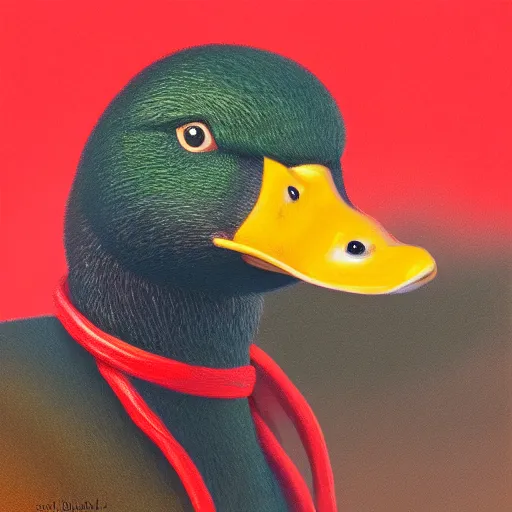 Image similar to portrait of cute mallard duck, wearing cultist red robe, noose around neck, doing witchcraft, expressive oil painting, digital art, octane render