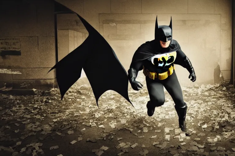 Image similar to batman covered in toilet paper, chasing through old brown decrepit hallway, creepy smile, atmospheric eerie lighting, photorealistic face, dim lighting, bodycam footage, motion blur, photography