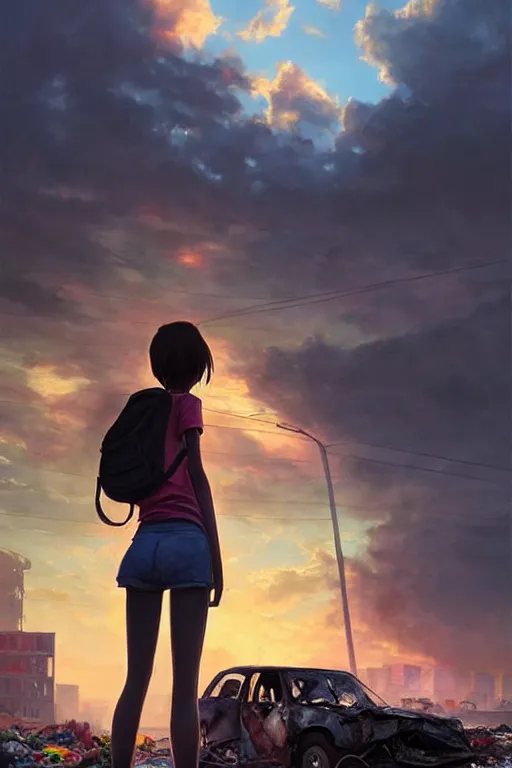 Image similar to teenage girl in mini short with backpack looking at food at garbage dump, destroyed cars, city is pure wasteland, moody sunset background, rays of sunlights, ( ( ( rainbow ) ) ), high details, sharp, photorealism, cinematic, greg rutkowski, artgerm, unreal engine, highly detailed