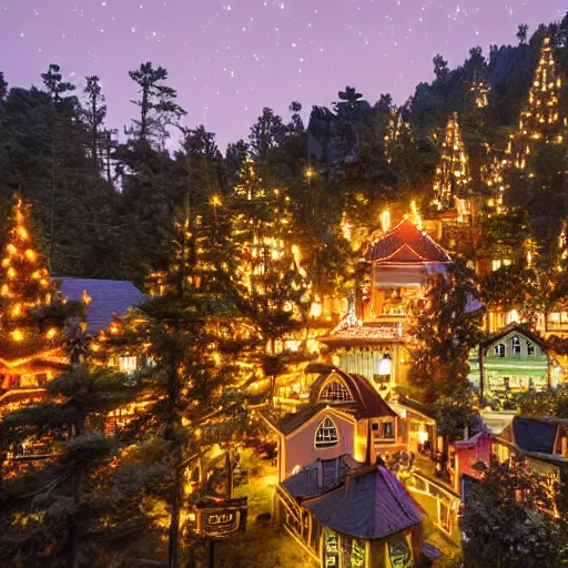 Prompt: professional photo of a tree top town similar to level of donkey kong country, by discovery magazine, night time with lights inside houses, real life, photorealistic, soft focus, long exposure