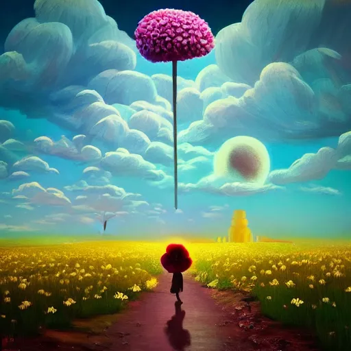 Image similar to giant daisy flower as a head, girl walking in flower field, surreal photography, moon light, dramatic, impressionist painting, colorful clouds, digital painting, artstation, simon stalenhag