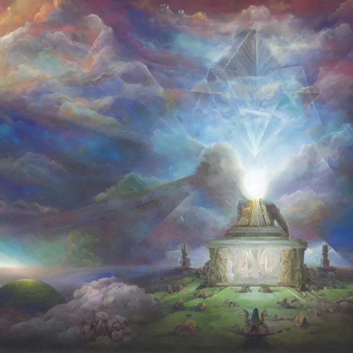 Prompt: temple of sleep non-Euclidean geometry sleepwalker mythos dream clouds and lambent fog, award winning oil painting, polychromatic spectrum