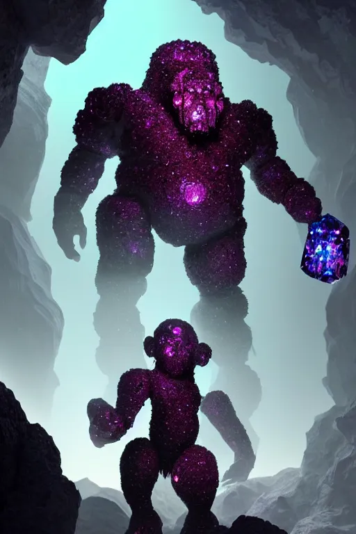 Prompt: a majestic fantasy golem made of crystals, rubies and diamonds. d & d. shining surfaces. monstrous creature. in front of an iridescent cave background. white to cyan gradient. high details. 4 k. digital art. trending on artstation.