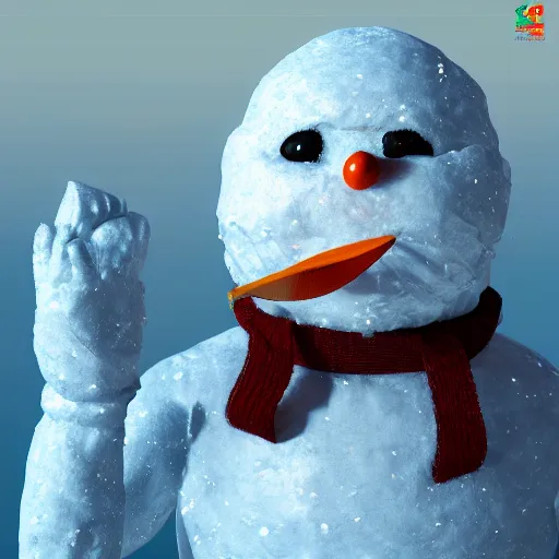 Image similar to a highly detailed humanoid snowman in business suit, artstation, DeviantArt, professional, octane render, sunset lighting
