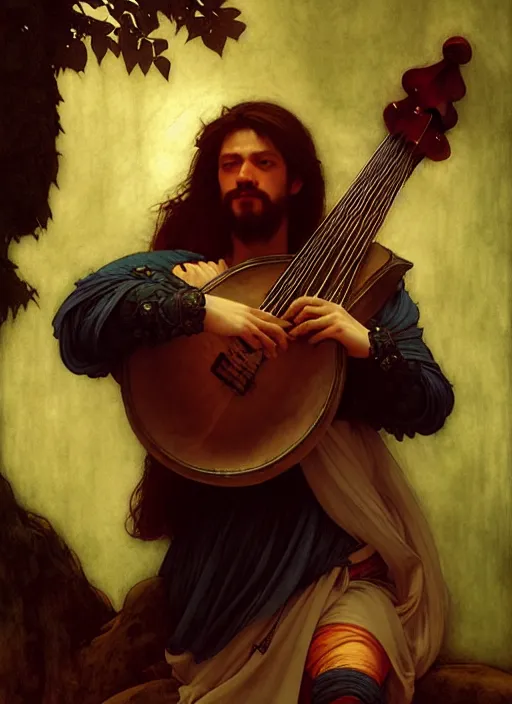 Image similar to bard playing lute, full body, hyper realistic, extremely detailed, dnd character art portrait, dark fantasy art, intricate fantasy painting, dramatic lighting, vivid colors, deviantart, artstation, by edgar maxence and caravaggio and michael whelan and delacroix.