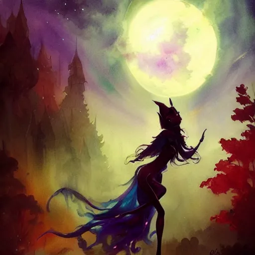 Prompt: full body portrait, long shot, of a gothic girl stearing at the bright full moon, colorful mist, magical vibe, by pete mohrbacher and greg rutkowski, watercolor painting, deviantart, pinterest