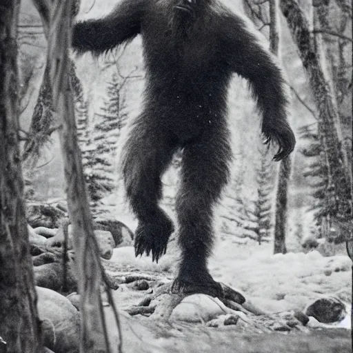 Prompt: first known image of a Sasquatch found footage