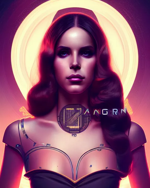 Image similar to symmetry portrait of lana del rey cyborg, glam, deco, glowing intricate, elegant, highly detailed, digital painting, artstation, concept art, smooth, sharp focus, illustration, art by artgerm and greg rutkowski and fra angelico and unreal engine 5