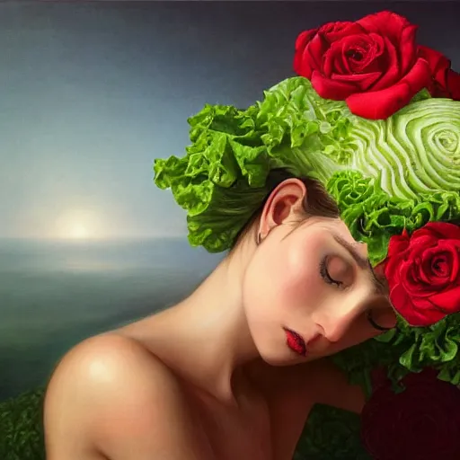 Image similar to the anatomy of a head of lettuce with roses that resemble a beautiful woman, an ultrafine detailed painting by james jean, intricate linework, bright colors, final fantasy, behance contest winner, vanitas, angular, altermodern, unreal engine 5 highly rendered, global illumination, radiant light, detailed and intricate environment