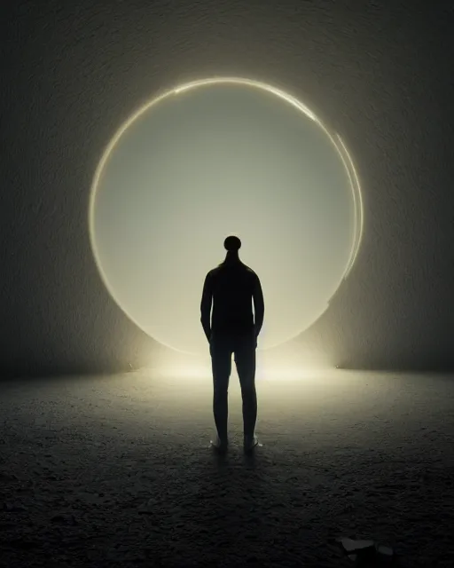 Image similar to a person standing in front of a glowy open door that's on a barren moon, poster art by mike winkelmann, trending on cg society, space art, sci - fi, ue 5, futuristic, volumetric lighting, light casting onto the ground, neat composition and camera angle