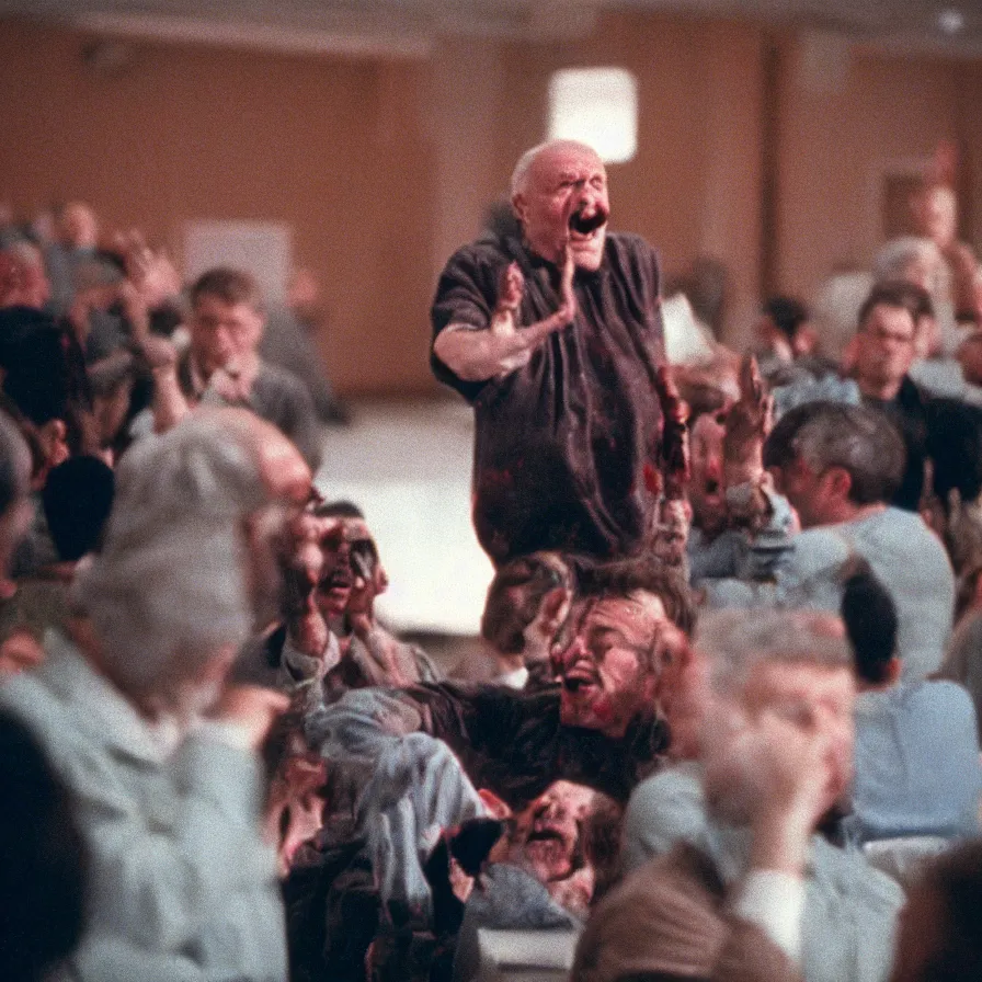 Image similar to 9 0 s movie still of an old man yelling in an empty soviet ballroom full of blood, cinestill 8 0 0 t 3 5 mm, heavy grain, high quality, high detail