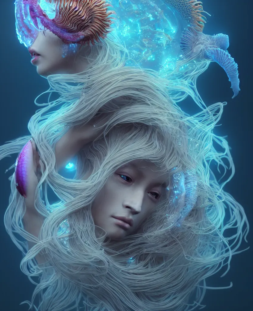 Prompt: goddess close-up portrait. chimera orchid jellyfish phoenix head, nautilus, skull, betta fish, bioluminiscent creatures, intricate artwork by Tooth Wu and wlop and beeple. octane render, trending on artstation, greg rutkowski very coherent symmetrical artwork. cinematic, hyper realism, high detail, octane render, 8k